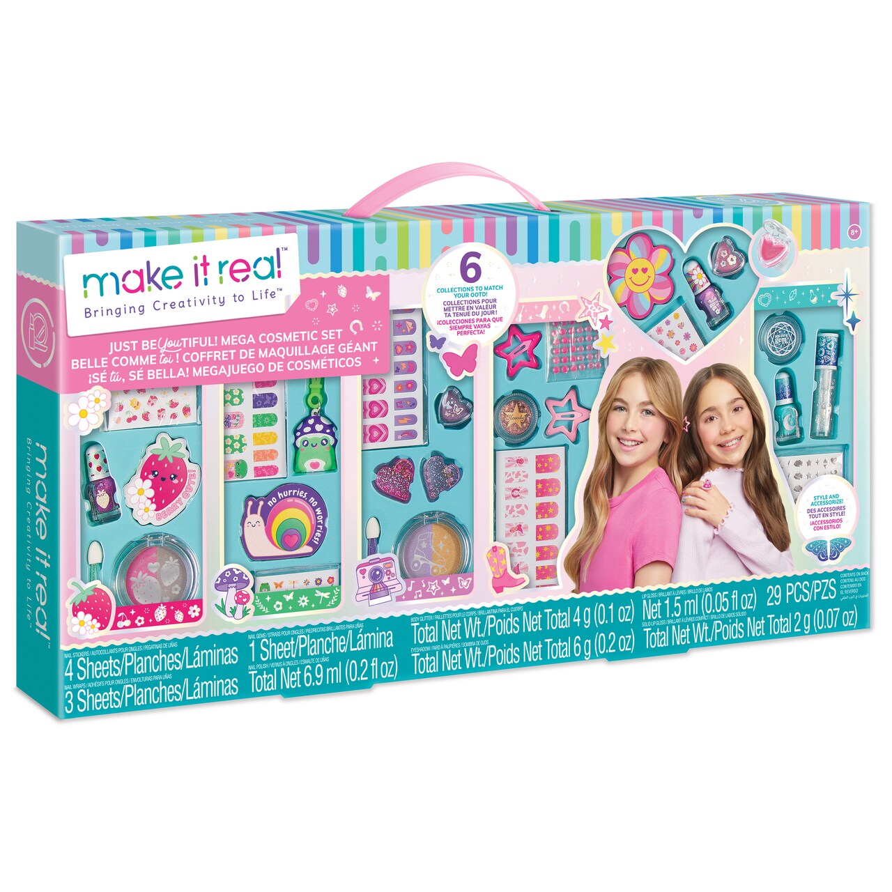 Make It Real: Just BeYOUtiful! Mega Cosmetic Set - 29pcs, 6 Collections, Nail Accessories, Body Glitter, Eye Shadow, Lip Gloss, Girls & Kids Ages 8+